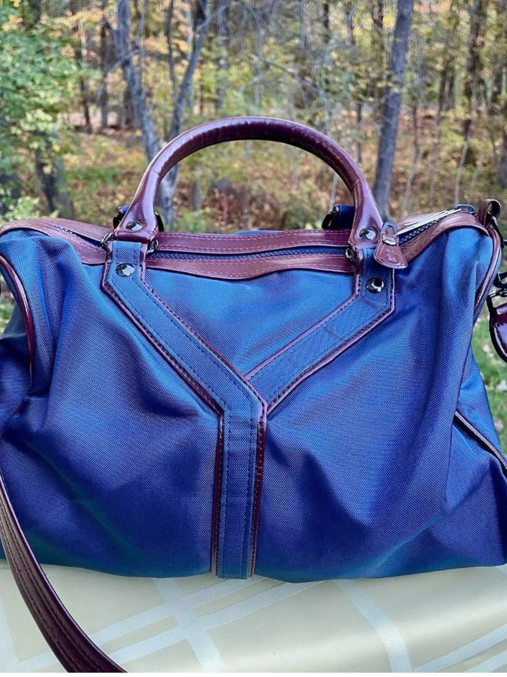 Yves St Laurent YSL Navy Blue Duffel with Brown Leather Trim